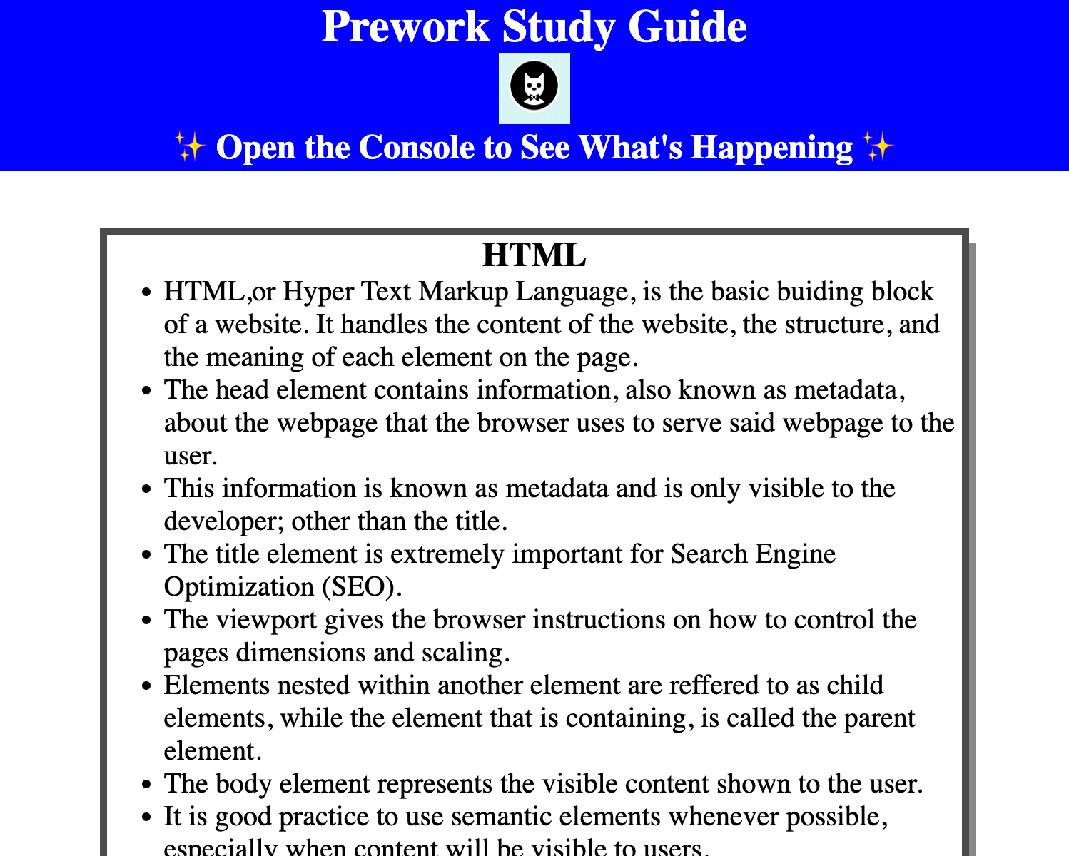 A screenshot of my deployed study guide.